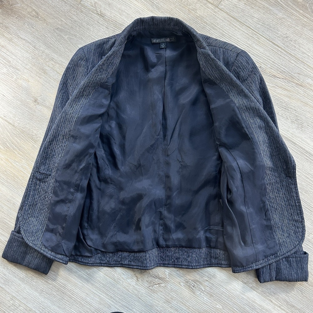 Lafayette 148 Women's Size 4 100% Virgin Wool Blazer Blue Silver Metallic Office - Picture 5 of 13